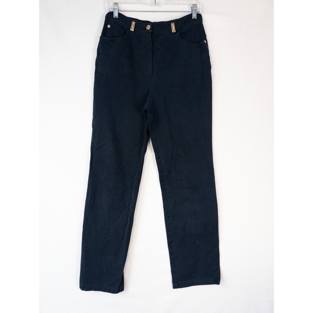 St John Sport Pants Womens 8‎ Blue Gold Buttons Chino Preppy Canvas Flat Front